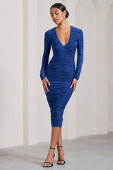 Cobalt Blue V-Neck Long-Sleeved Midi Dress